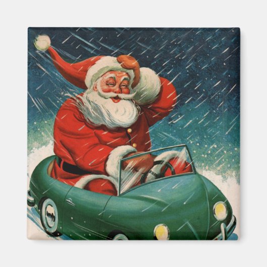 ヴィンテージクリスマス、かわいい車でサンタクロース マグネット (正面)