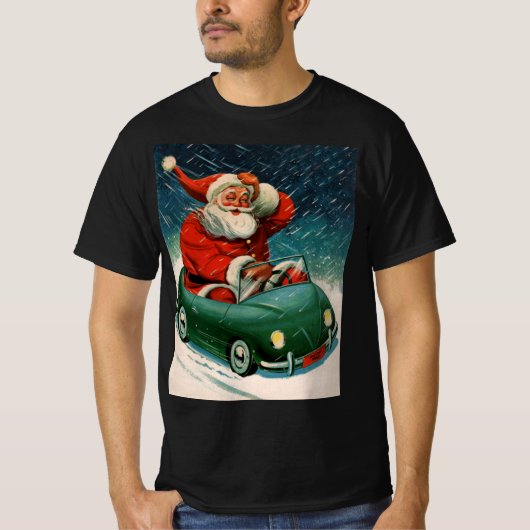 ヴィンテージクリスマス、かわいい車でサンタクロース Tシャツ (正面)