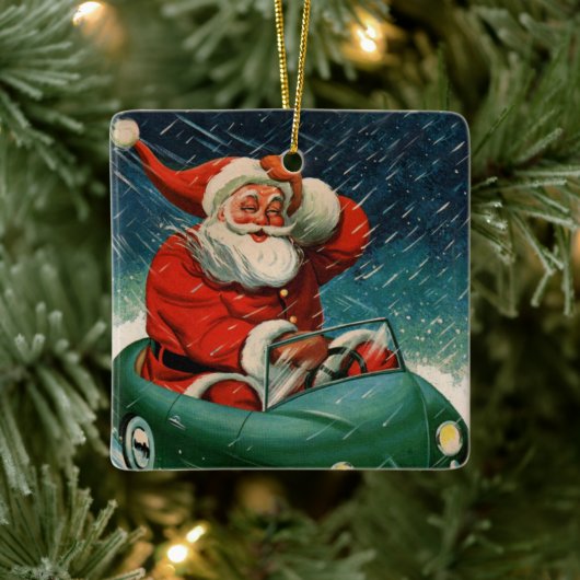 ヴィンテージクリスマス、かわいい車に乗ったサンタクロース セラミックオーナメント (ツリー)