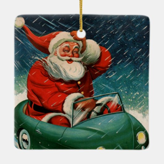 ヴィンテージクリスマス、かわいい車に乗ったサンタクロース セラミックオーナメント (裏面)