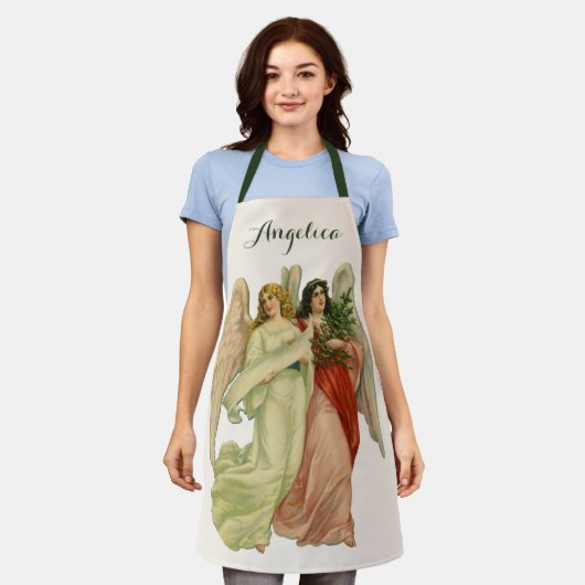 ヴィンテージクリスマス、アンティークビクトリアンエンジェルダイカット エプロン (着用した状態)