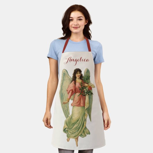 ヴィンテージクリスマス、アンティークビクトリアンエンジェル エプロン (着用した状態)