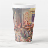 ヴィンテージクリスマス、エルフのいるサンタクロースのワークショップ カフェラテマグ (正面)