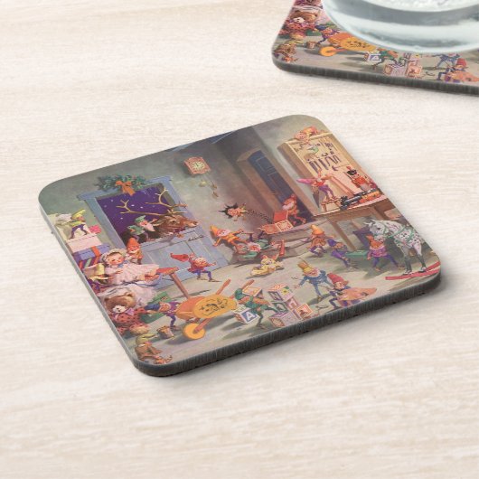 ヴィンテージクリスマス、エルフのいるサンタクロースのワークショップ コースター (左側)