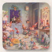 ヴィンテージクリスマス、エルフのいるサンタクロースのワークショップ コースター (正面)