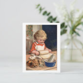 ヴィンテージクリスマス-ガールベーキングクッキー シーズンポストカード (スタンド正面)