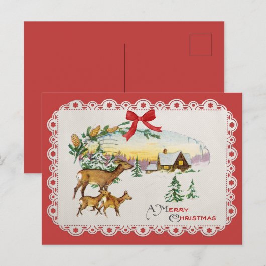 ヴィンテージクリスマス キャビン & 鹿 シーズンポストカード (正面/裏面)