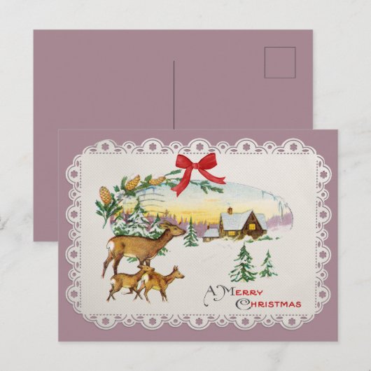 ヴィンテージクリスマス キャビン & 鹿 シーズンポストカード (正面/裏面)