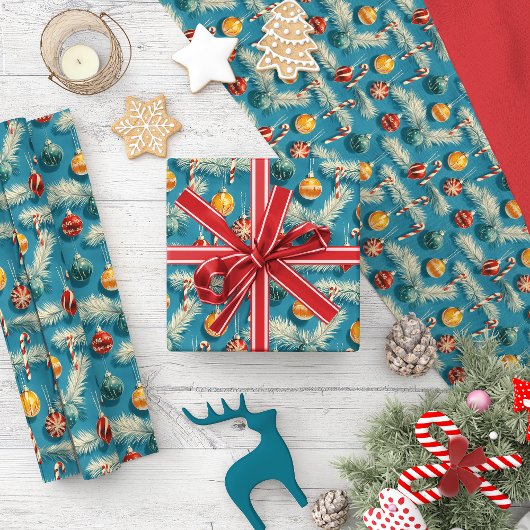 ヴィンテージクリスマス：キャンディキャン&オーナメント ラッピングペーパー