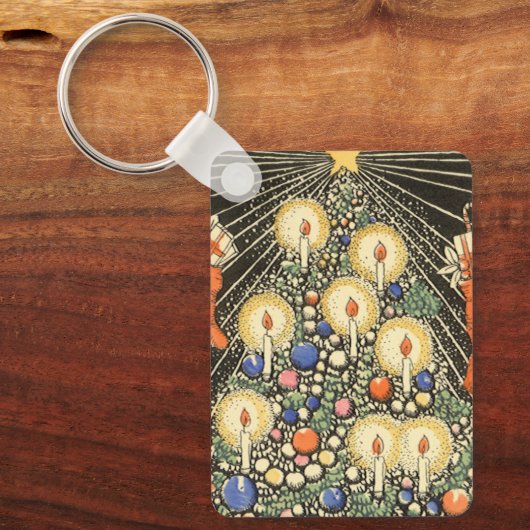 ヴィンテージクリスマス、キャンドルと星の木 キーホルダー (正面)