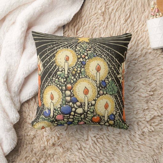 ヴィンテージクリスマス、キャンドルと星の木 クッション (ブランケット)