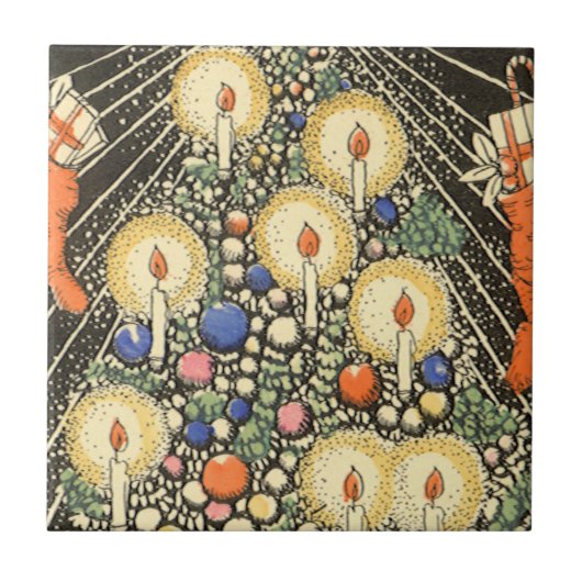 ヴィンテージクリスマス、キャンドルと星の木 タイル (正面)