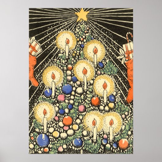 ヴィンテージクリスマス、キャンドルと星の木 ポスター (正面)