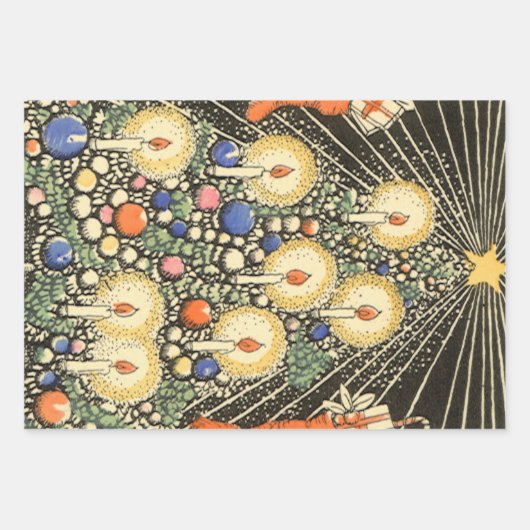 ヴィンテージクリスマス、キャンドルと星の木 ラッピングペーパーシート (正面)