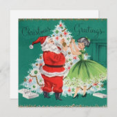 ヴィンテージクリスマス サンタと少女がツリーを飾る シーズンカード (正面/裏面)