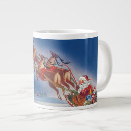 ヴィンテージクリスマス、サンタのトナカイが引く飛行するそり ジャンボコーヒーマグカップ