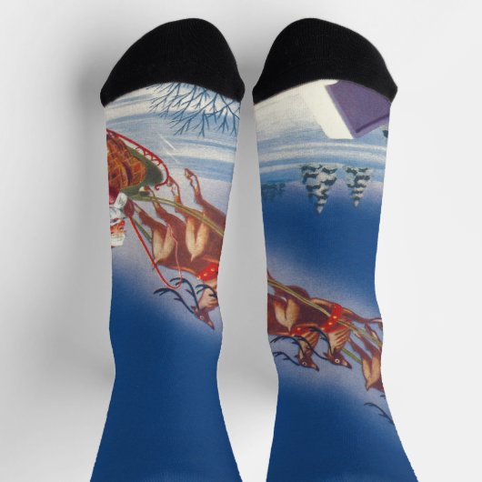 ヴィンテージクリスマス、サンタのトナカイが引く飛行するそり ソックス (上部)