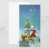 ヴィンテージクリスマス サンタの船でのプレゼント シーズンカード (正面/裏面)