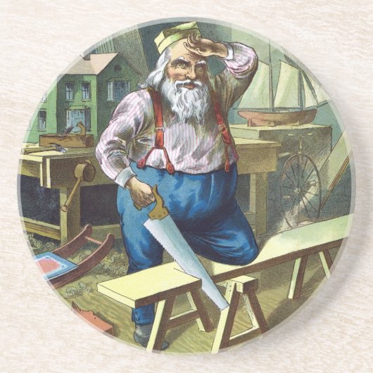 ヴィンテージクリスマス、サンタクロースがおもちゃを作る様子 コースター (正面)