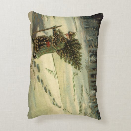 ヴィンテージクリスマス、サンタクロースが木を運ぶ アクセントクッション (裏面(縦))