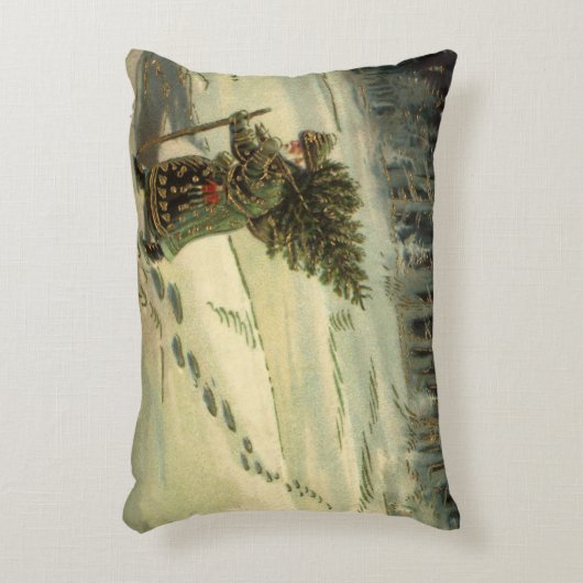 ヴィンテージクリスマス、サンタクロースが木を運ぶ アクセントクッション (正面(垂直))