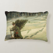 ヴィンテージクリスマス、サンタクロースが木を運ぶ アクセントクッション (裏面)