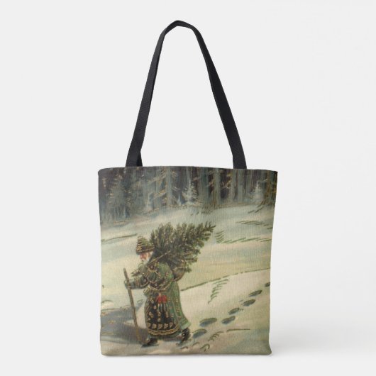 ヴィンテージクリスマス、サンタクロースが木を運ぶ トートバッグ (裏面)