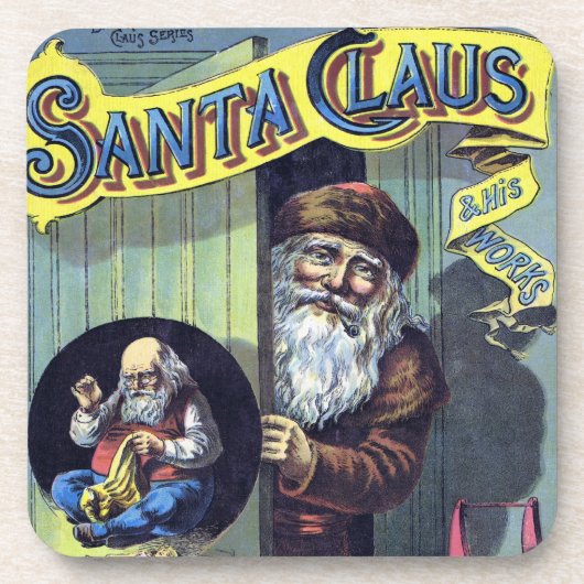 ヴィンテージクリスマス、サンタクロースと彼の作品集 コースター (正面)