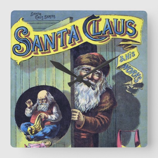 ヴィンテージクリスマス、サンタクロースと彼の作品集 スクエア壁時計 (正面)