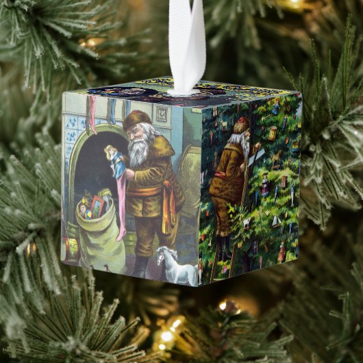 ヴィンテージクリスマス、サンタクロースと彼の作品 キューブオーナメント (ツリー)
