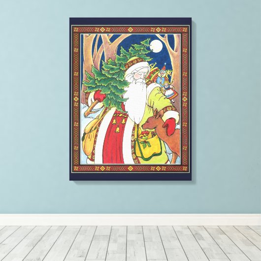 ヴィンテージクリスマス、サンタクロースと森の鹿 キャンバスプリント (インサイチュ (ウッドフロア))