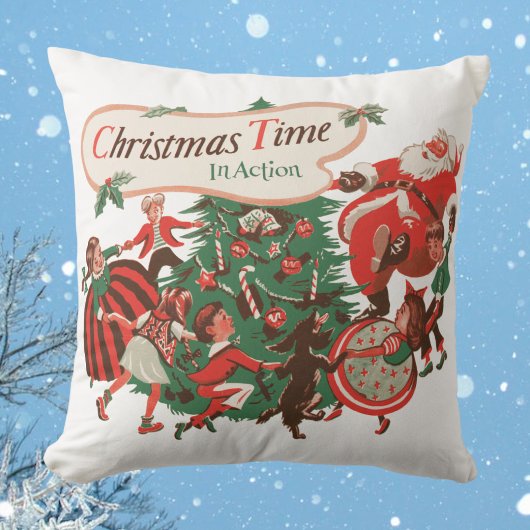 ヴィンテージクリスマス サンタクロースと踊る子供たち クッション