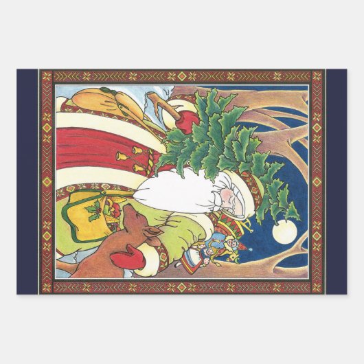 ヴィンテージクリスマス、サンタクロースと鹿の森 ラッピングペーパーシート (正面)