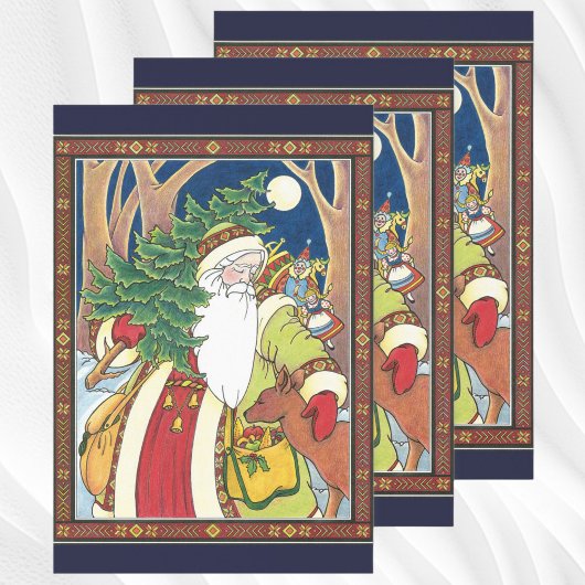 ヴィンテージクリスマス、サンタクロースと鹿の森 ラッピングペーパーシート