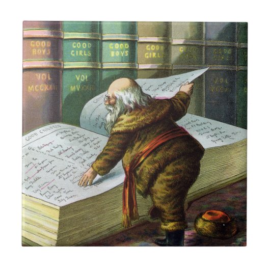 ヴィンテージクリスマス、サンタクロースのいたずら好きな子と良い子のリスト タイル (正面)