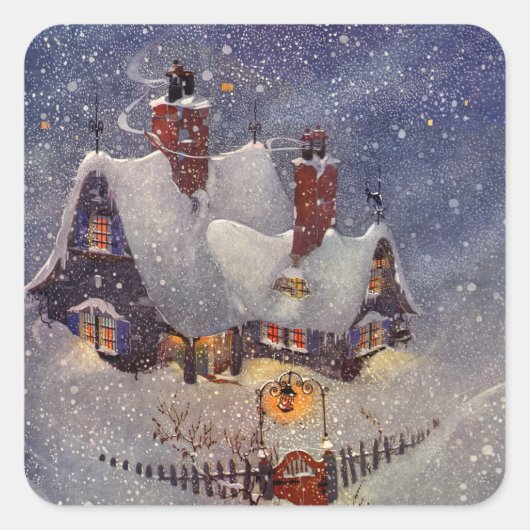 ヴィンテージクリスマス、サンタクロースのワークショップ北極 スクエアシール (正面)