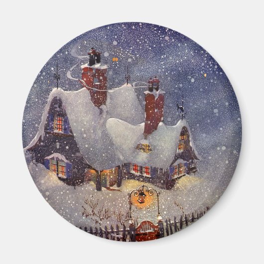 ヴィンテージクリスマス、サンタクロースのワークショップ北極 マグネット (正面)