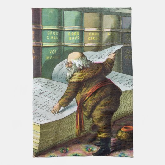 ヴィンテージクリスマス、サンタクロースの悪い子いい子リスト キッチンタオル (縦)