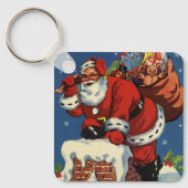 ヴィンテージクリスマス、サンタクロースの煙突からの登場 キーホルダー (正面)