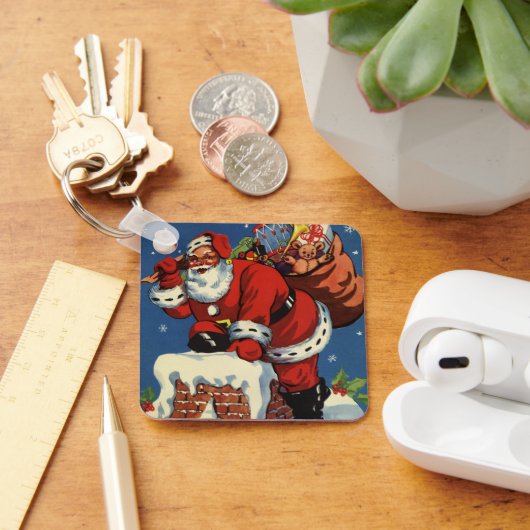 ヴィンテージクリスマス、サンタクロースの煙突からの登場 キーホルダー (デスク)