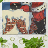 ヴィンテージクリスマス、サンタクロースの煙突から降りてくる様子のおもちゃ付き キッチンタオル (折り畳み)