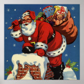 ヴィンテージクリスマス、サンタクロースの煙突から降りてくる様子のおもちゃ付き ポスター (正面)
