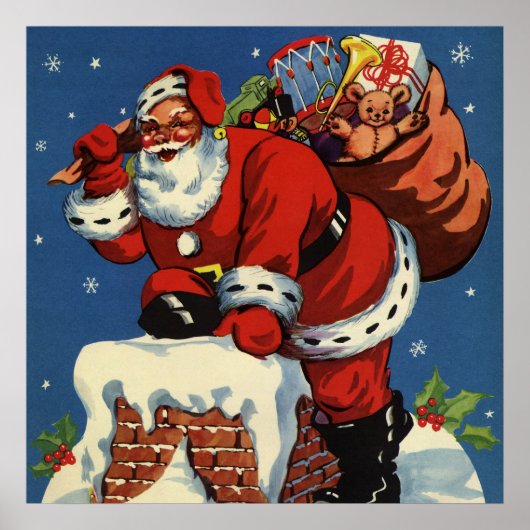 ヴィンテージクリスマス、サンタクロースの煙突から降りてくる様子のおもちゃ付き ポスター