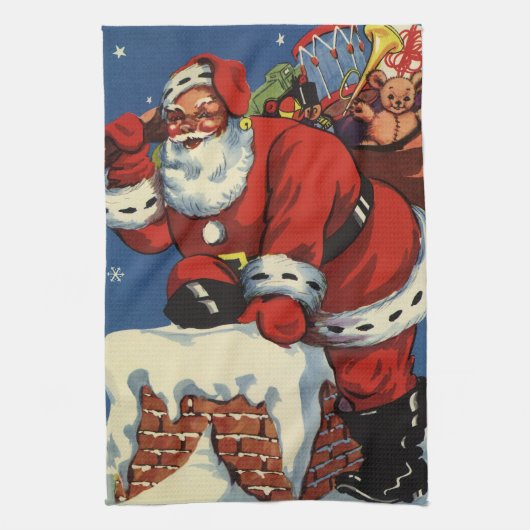 ヴィンテージクリスマス、サンタクロースの煙突から降りてくる様子 キッチンタオル (縦)