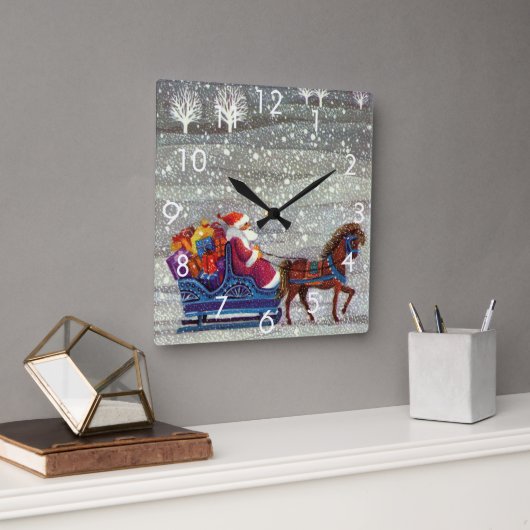 ヴィンテージクリスマス、サンタクロースの馬のオープンスレイ スクエア壁時計 (オフィス)