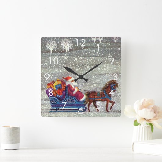ヴィンテージクリスマス、サンタクロースの馬のオープンスレイ スクエア壁時計 (ホーム)