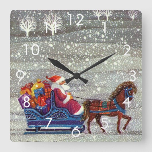 ヴィンテージクリスマス、サンタクロースの馬のオープンスレイ スクエア壁時計 (正面)