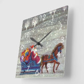 ヴィンテージクリスマス、サンタクロースの馬のオープンスレイ スクエア壁時計 (傾斜)