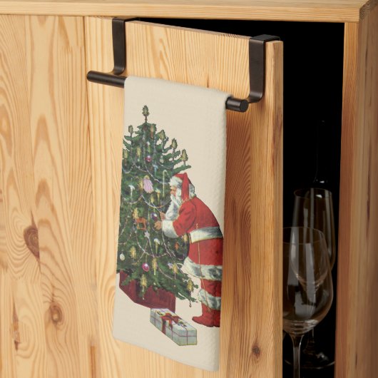 ヴィンテージクリスマス、サンタクロースプレゼント キッチンタオル (三つ折り)