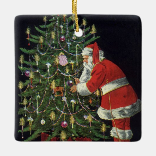 ヴィンテージクリスマス、サンタクロースプレゼント セラミックオーナメント (正面)